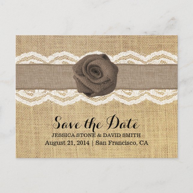 Rustic Burlap Rose & Ribbon Lace Save the Date Announcement Postcard (Front)