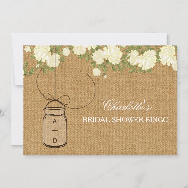 Rustic Burlap Roses bridal shower bingo cards (Front)