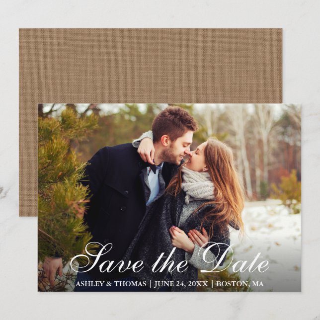 Rustic Burlap Save the Date Couple Photo Invitation (Front/Back)
