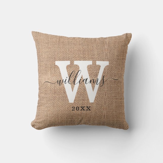 Rustic Burlap Script Name Family Monogram Initial Cushion (Front)