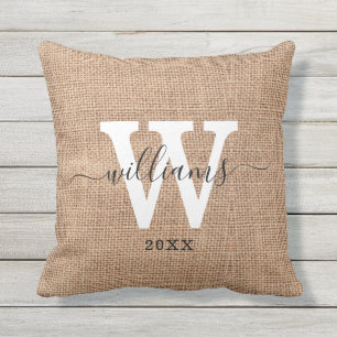 Rustic Burlap Script Name Family Monogram Initial Cushion