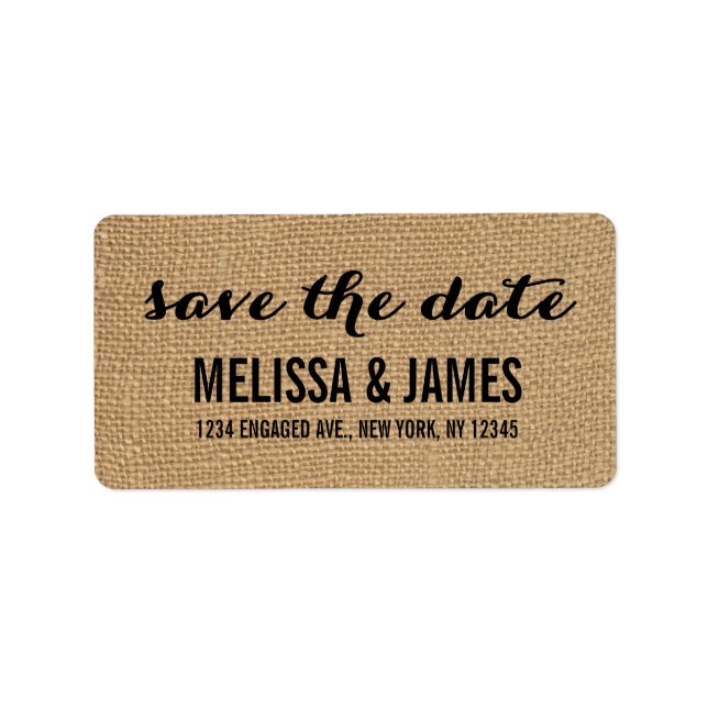 Rustic Burlap Script Save the Date Label (Front)