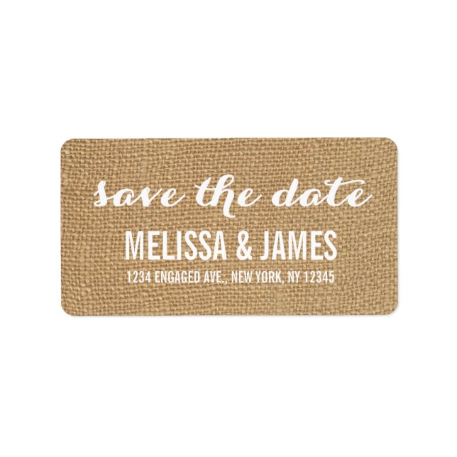 Rustic Burlap Script Save the Date Label (Front)