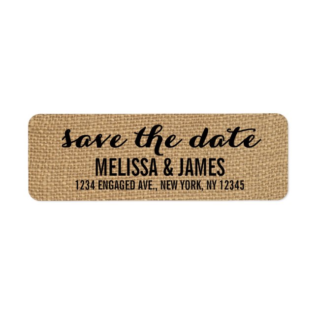 Rustic Burlap Script Save the Date Return Address Label (Front)