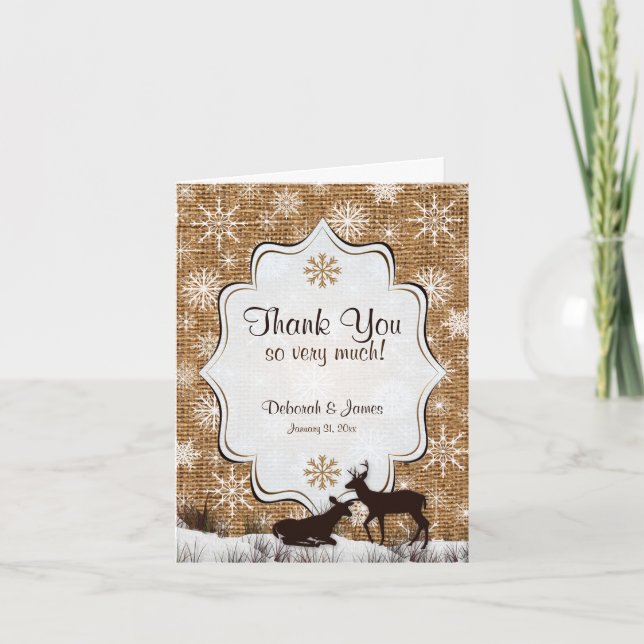 Rustic Burlap Snowflakes Deer PHOTO Thank You Card (Front)
