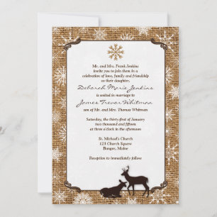 Rustic Burlap, Snowflakes & Deer Wedding Invite 2