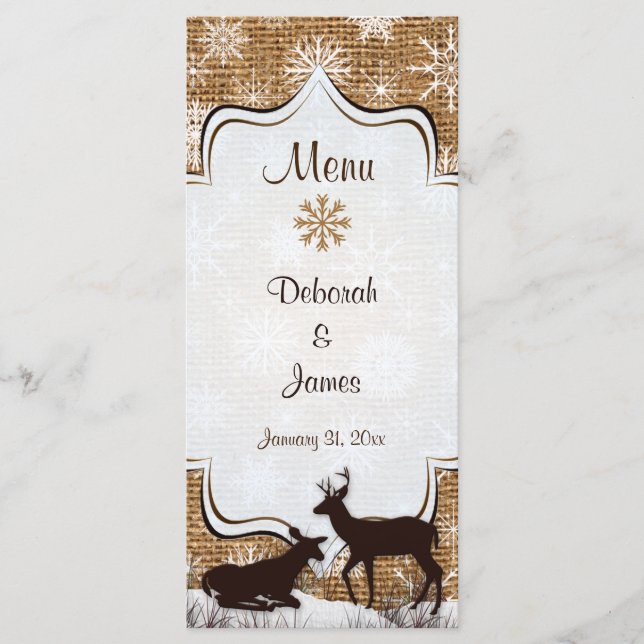Rustic Burlap, Snowflakes & Deer Wedding Menu Card (Front)