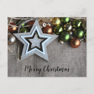 Rustic Burlap Star Gold Green Christmas Ornaments Postcard