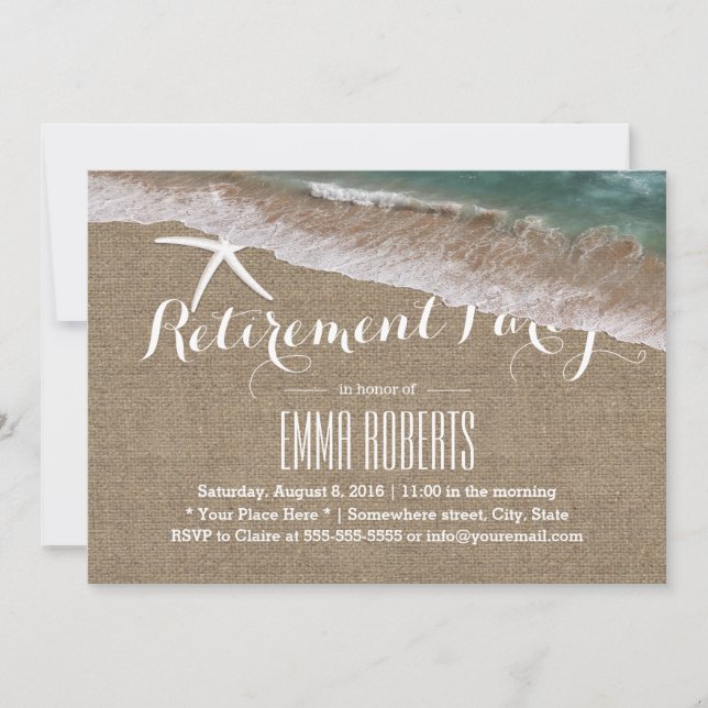 Rustic Burlap Starfish Beach Retirement Party Invitation (Front)