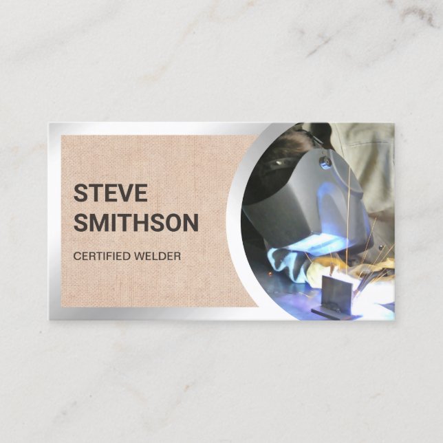 Rustic Burlap Steel Welding Fabricator Welder Business Card (Front)