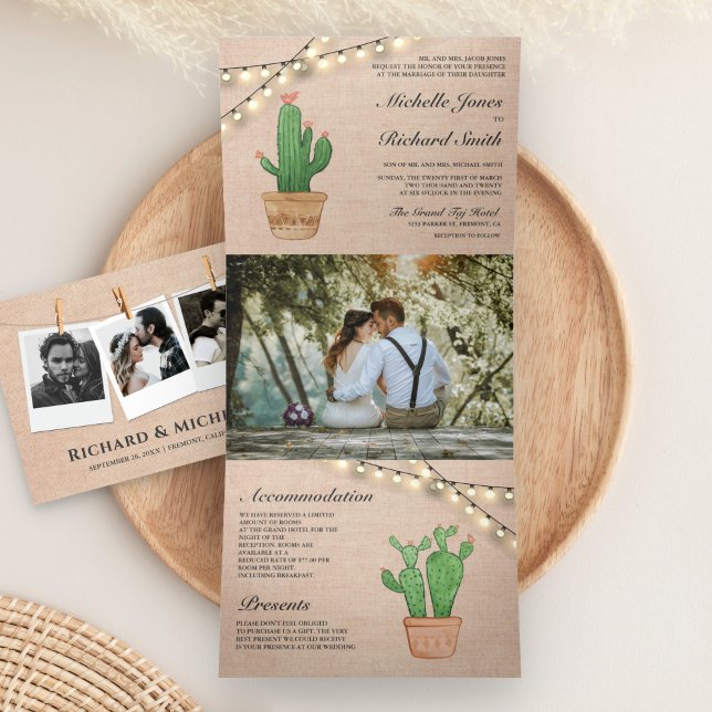 Rustic Burlap String Lights Desert Cactus Wedding Tri-Fold Invitation (Creator Uploaded)
