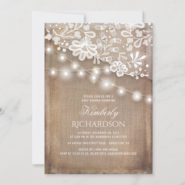Rustic Burlap String Lights Lace Baby Shower Invitation (Front)