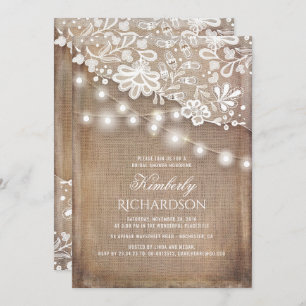 Rustic Burlap String Lights Lace Bridal Shower Invitation