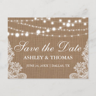 Rustic Burlap String Lights Lace Save the Date Announcement Postcard
