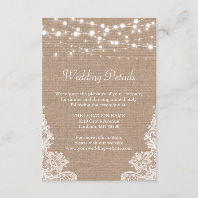 Rustic Burlap String Lights Lace Wedding Details Enclosure Card (Front)