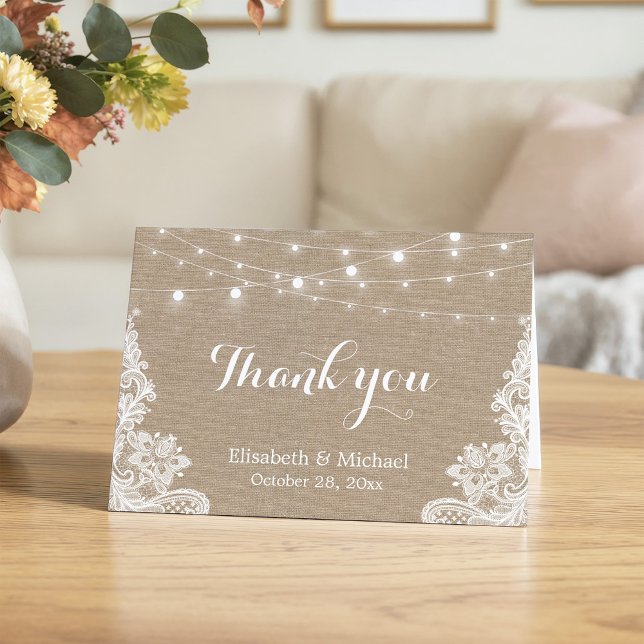 Rustic Burlap String Lights Lace Wedding Thank You (Creator Uploaded)
