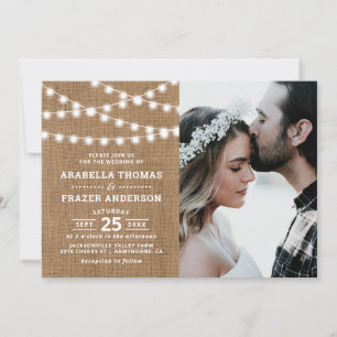 Rustic Burlap String Lights Photo Wedding Invitation