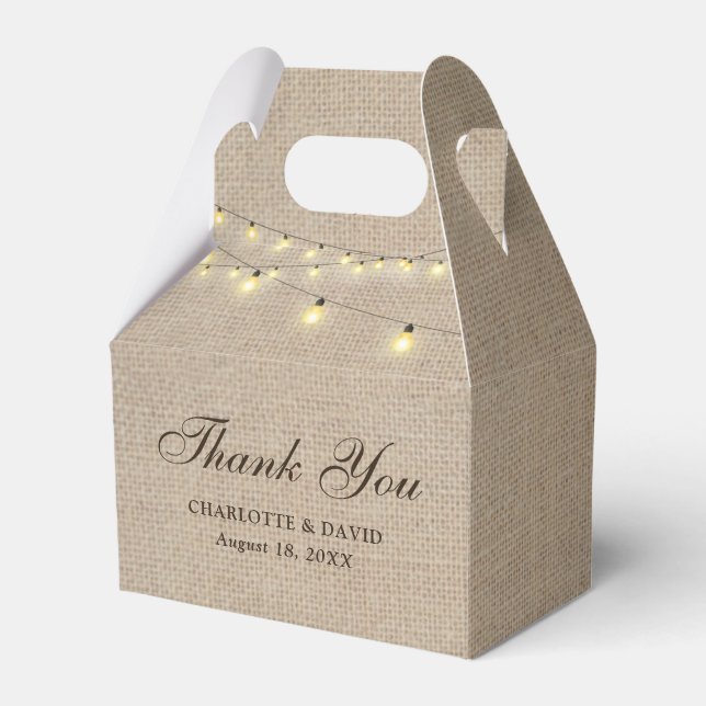 Rustic Burlap String Lights Wedding Thank You Favour Box (Front Side)