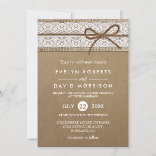 Rustic Burlap String Tied in a Bow Lace Wedding Invitation