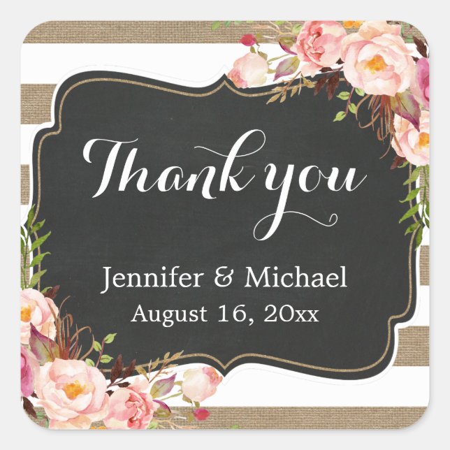 Rustic Burlap Striped Elegant Floral Thank You Square Sticker (Front)