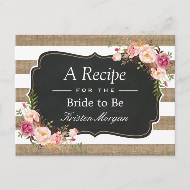 Rustic Burlap Stripes Floral Bridal Shower Recipe Postcard (Front)