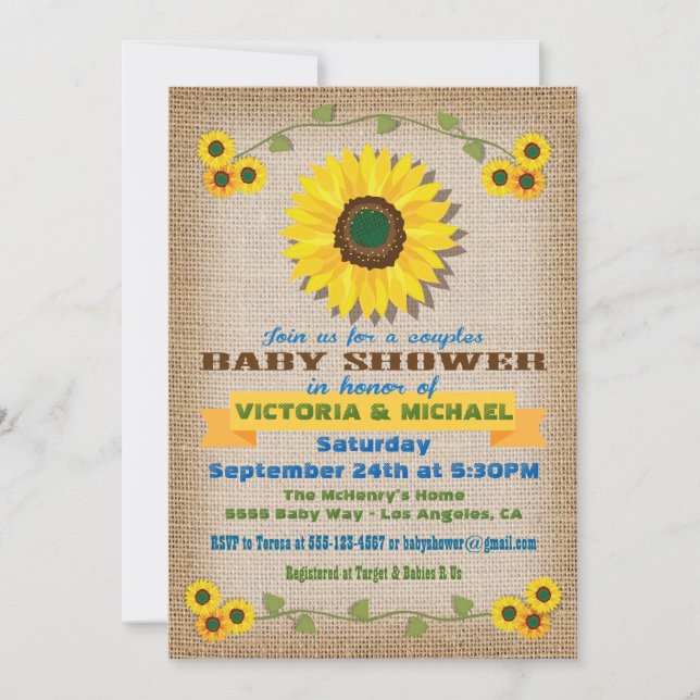 Rustic Burlap Sunflower Couples Baby Shower Invitation (Front)