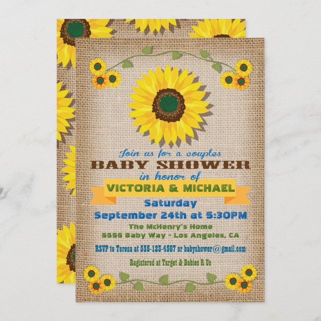 Rustic Burlap Sunflower Couples Baby Shower Invitation (Front/Back)