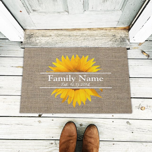 Rustic Burlap Sunflower Family Name Established Doormat (Creator Uploaded)