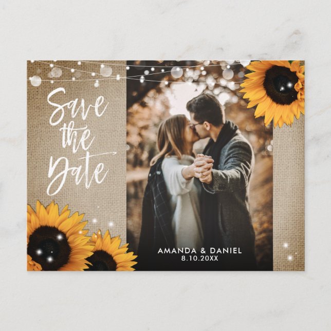 Rustic Burlap Sunflower Photo Save The Date Announcement Postcard (Front)