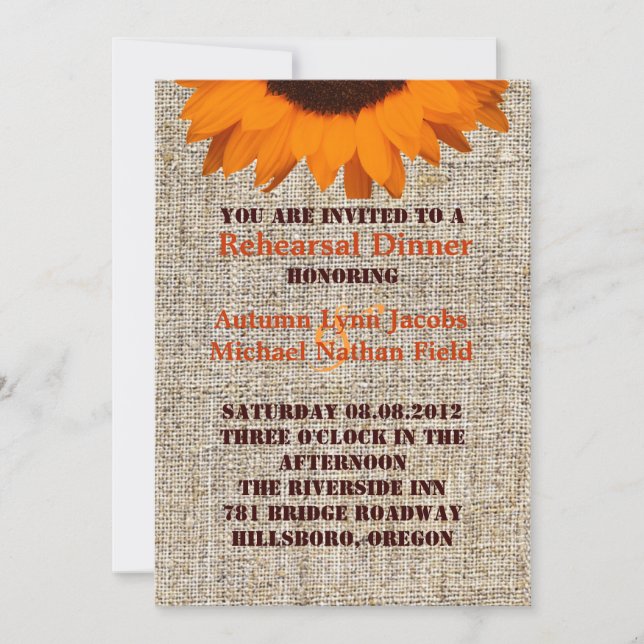 Rustic Burlap Sunflower Wedding rehearsal dinner Invitation (Front)