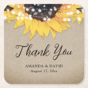Rustic Burlap Sunflower Wedding Thank You Favour Square Paper Coaster