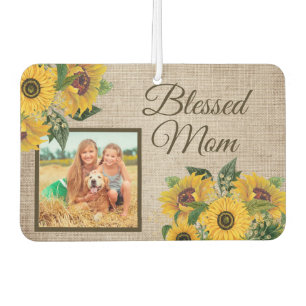 Rustic Burlap Sunflowers Blessed Mum Photo Car Air Freshener