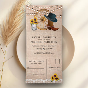 Rustic Burlap Sunflowers Cowboy Western Wedding Tri-Fold Invitation