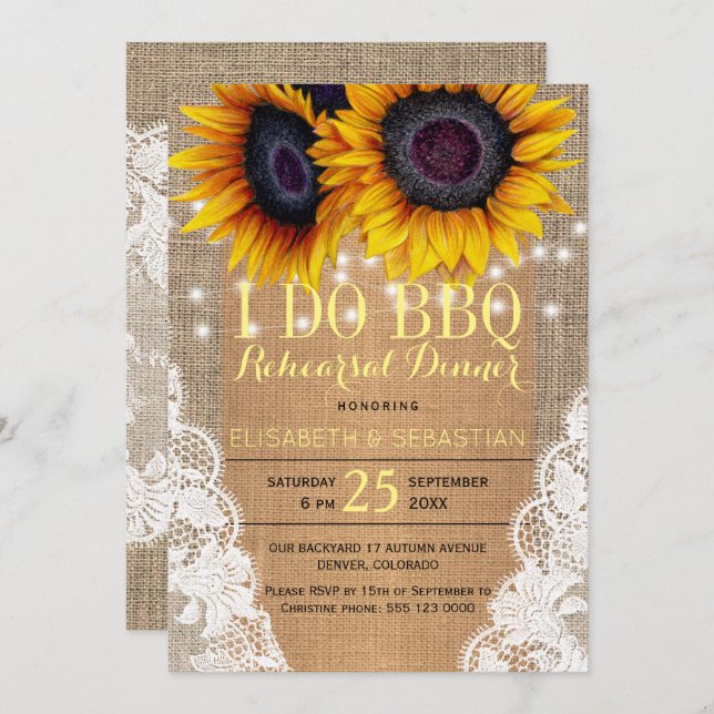 Rustic burlap sunflowers I DO BBQ rehearsal dinner Invitation (Front/Back)