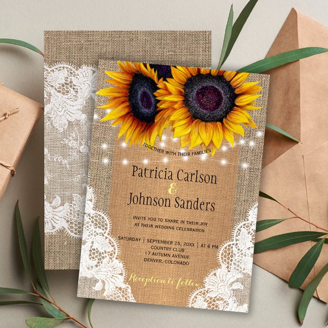 Rustic burlap sunflowers lights and lace wedding invitation (Creator Uploaded)