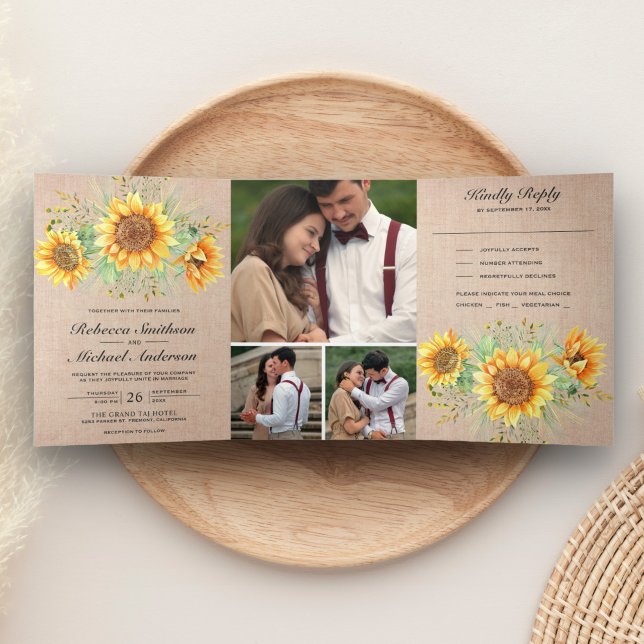 Rustic Burlap Sunflowers Photo Collage Wedding Tri-Fold Invitation (Creator Uploaded)