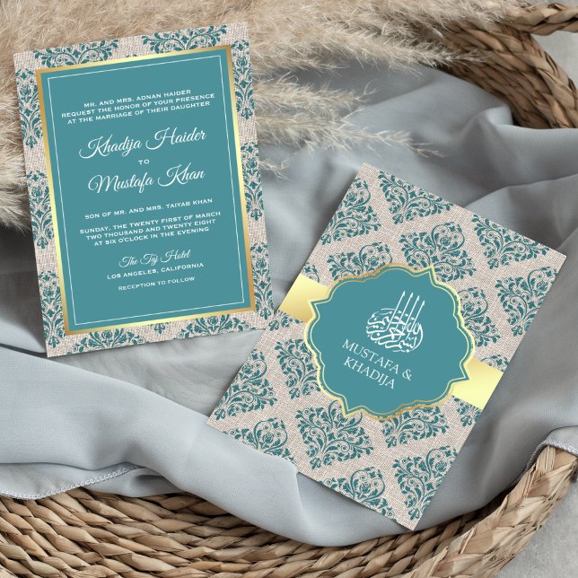 Rustic Burlap Teal Damask Muslim Wedding Invitation (Creator Uploaded)