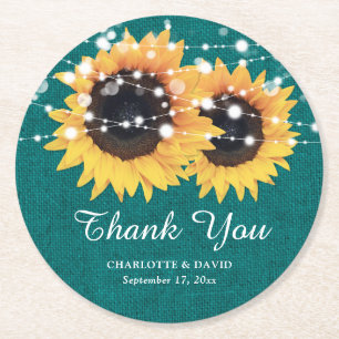 Rustic Burlap Teal Sunflower Wedding Round Paper Coaster