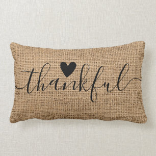 Rustic Burlap Thanksgiving Farmhouse Thankful Lumbar Cushion