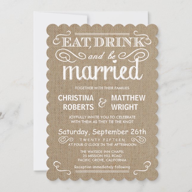 Rustic Burlap Traditional Tan Wedding Invitations (Front)
