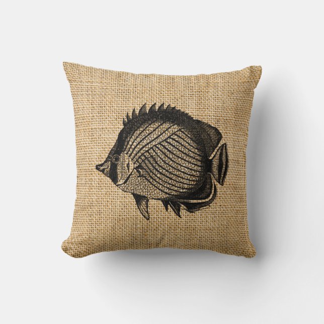 Rustic Burlap Tropical Fish Accent Pillows (Front)