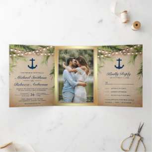 Rustic Burlap Tropical Palm Anchor Lights Wedding Tri-Fold Invitation
