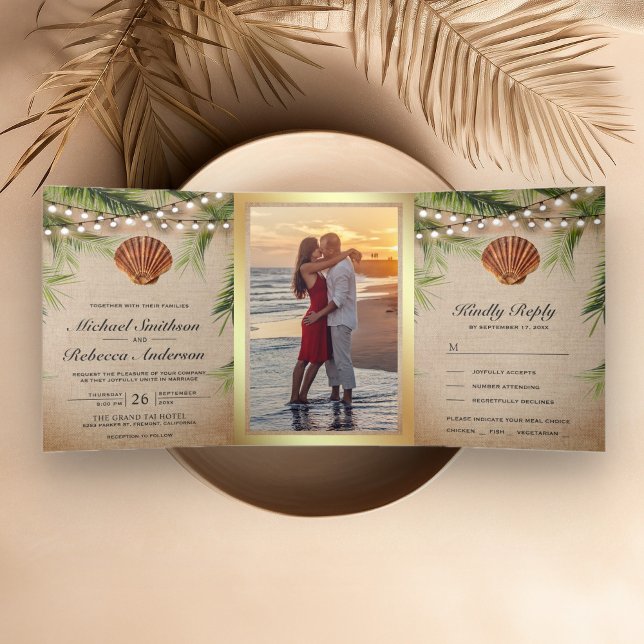 Rustic Burlap Tropical Palm Leaf Seashell Wedding Tri-Fold Invitation (Creator Uploaded)