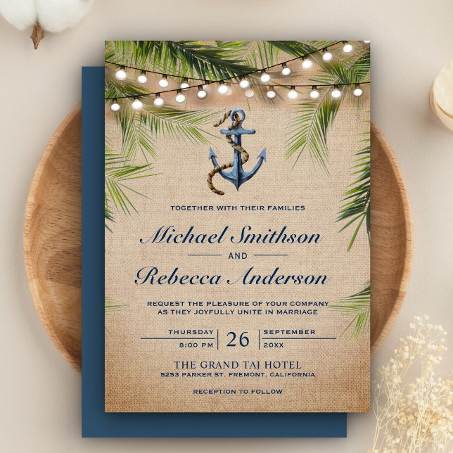 Rustic Burlap Tropical Palm Leaves Anchor Wedding Invitation (Creator Uploaded)