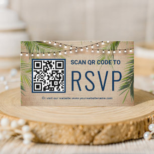 Rustic Burlap Tropical Palm QR Code RSVP Wedding Enclosure Card