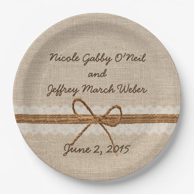 Rustic Burlap Twine Country Wedding Paper Plate (Front)
