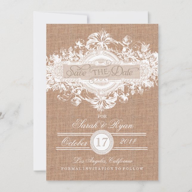 RUSTIC BURLAP VINTAGE FLOWER SAVE THE DATE (Front)