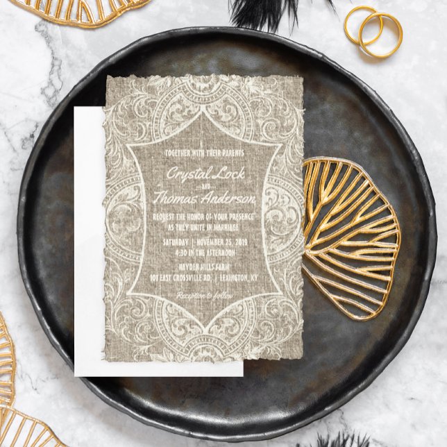 Rustic Burlap Vintage French Lace Wedding Invite (Creator Uploaded)