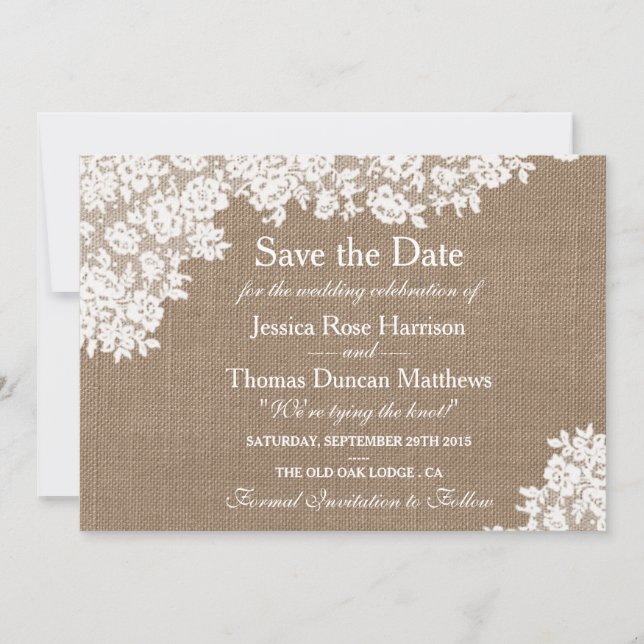 Rustic Burlap & Vintage Lace Wedding Save The Date (Front)