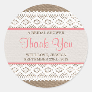 Rustic Burlap & Vintage White Lace Bridal Shower Classic Round Sticker